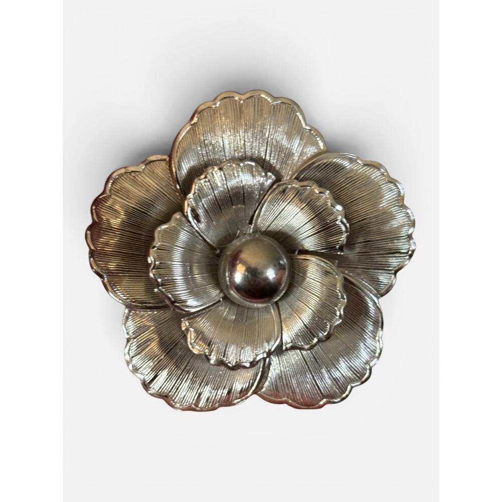Silver Flower Scarf Clip Lieba USA 1960s Mod Floral Sweater Guard Convertible